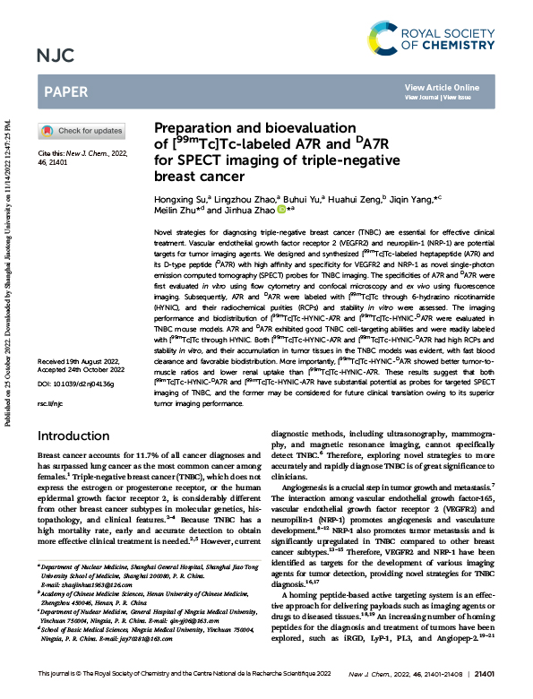 Preparation and bioevaluation of [99mTc]Tc-labeled A7R and DA7R for SPECT imaging of triple-negative breast cancer
