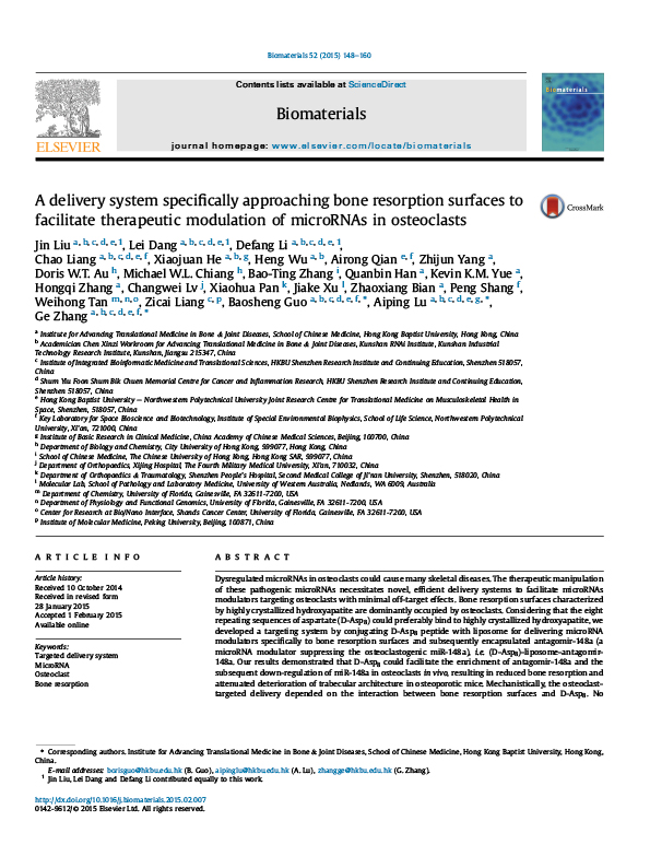 A delivery system specifically approaching bone resorption surfaces to facilitate therapeutic modulation of microRNAs in osteoclasts