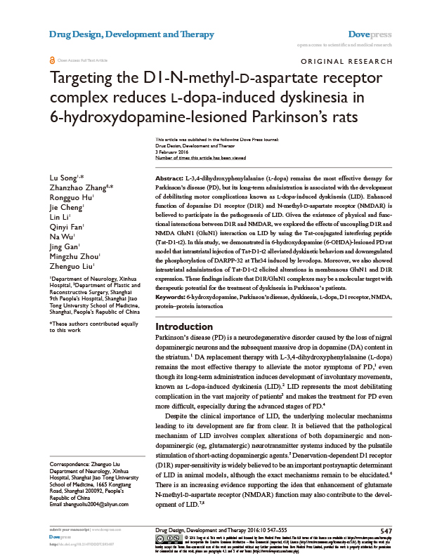 Targeting the D1-N-methyl-d-aspartate receptor complex reduces l-dopa-induced dyskinesia in 6-hydroxydopamine-lesioned Parkinson’s rats