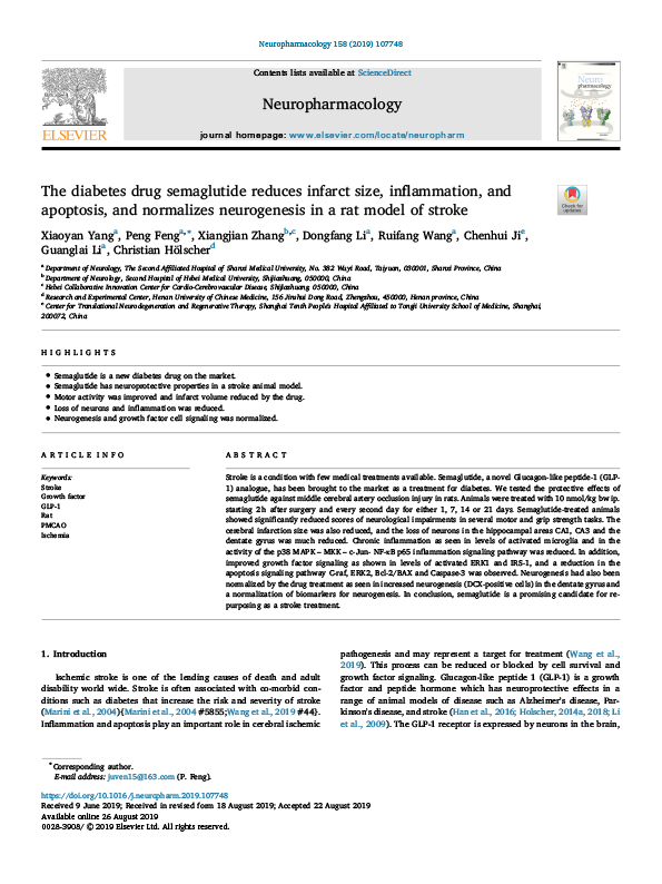 The diabetes drug semaglutide reduces infarct size, inflammation, and apoptosis, and normalizes neurogenesis in a rat model of stroke