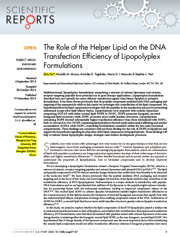 The Role of the Helper Lipid on the DNA Transfection Efficiency of Lipopolyplex Formulations
