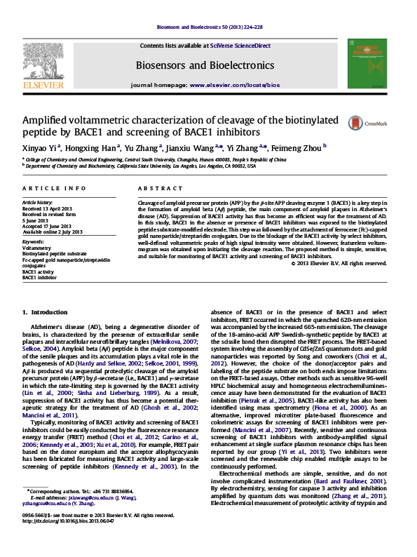 Amplified voltammetric characterization of cleavage of the biotinylated peptide by BACE1 and screening of BACE1 inhibitors