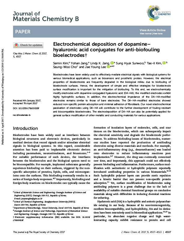 Electrochemical deposition of dopamine–hyaluronic acid conjugates for anti-biofouling bioelectrodes