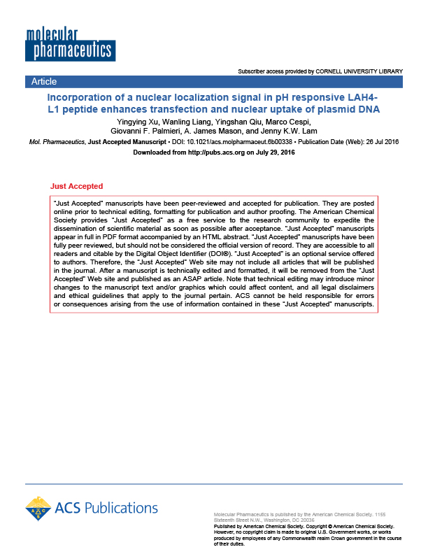 Incorporation of a nuclear localization signal in pH responsive LAH4-L1 peptide enhances transfection and nuclear uptake of plasmid DNA