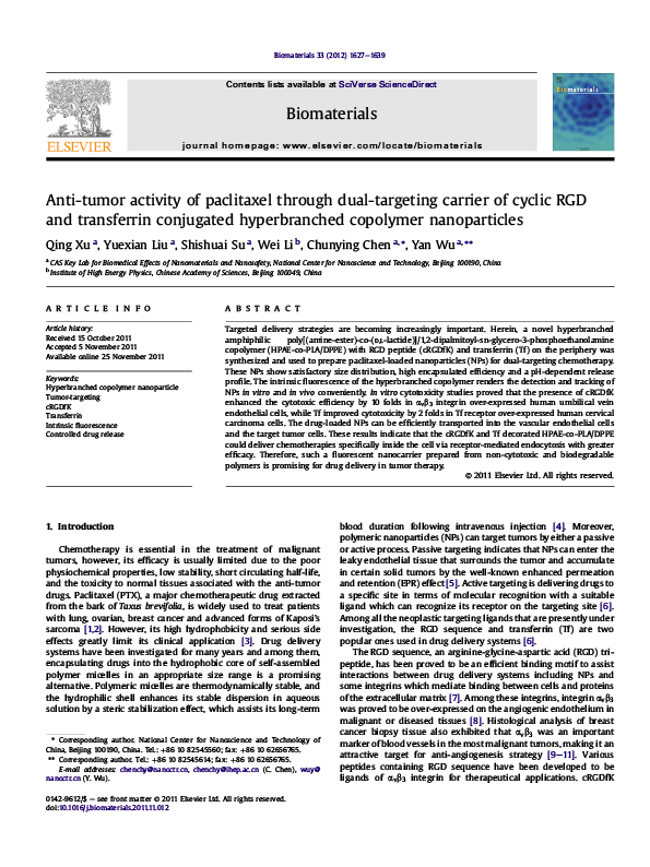 Anti-tumor activity of paclitaxel through dual-targeting carrier of cyclic RGD and transferrin conjugated hyperbranched copolymer nanoparticles