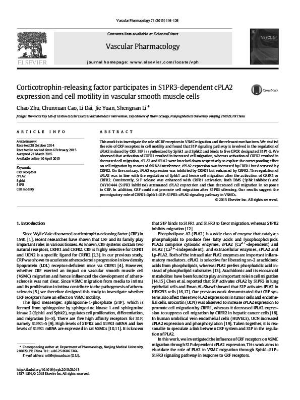 Corticotrophin-releasing factor participates in S1PR3-dependent cPLA2 expression and cell motility in vascular smooth muscle cells