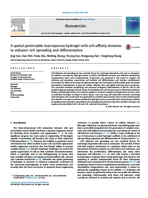 A spatial patternable macroporous hydrogel with cell-affinity domains to enhance cell spreading and differentiation