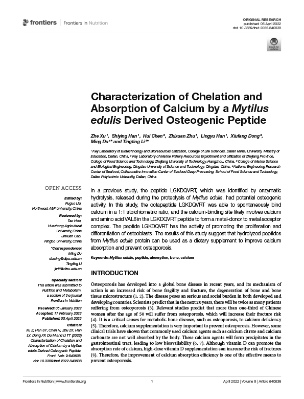 Characterization of Chelation and Absorption of Calcium by a Mytilus edulis Derived Osteogenic Peptide