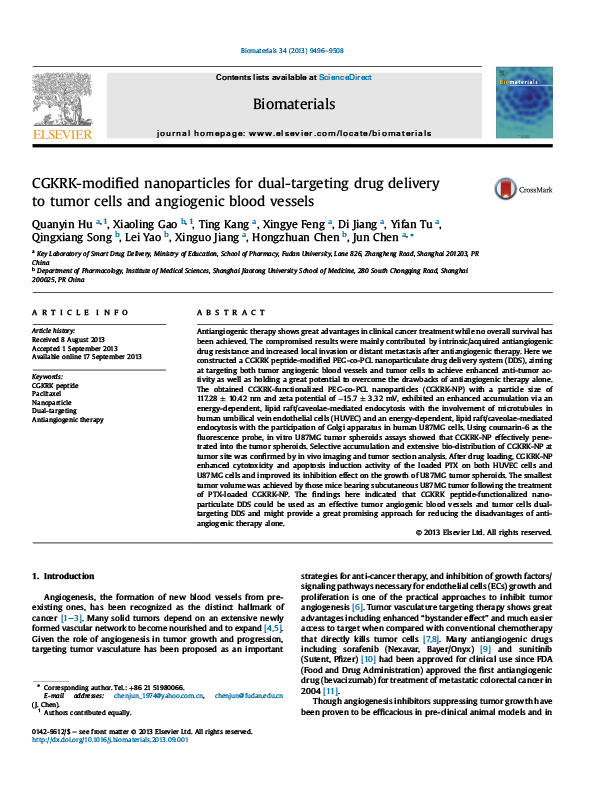 CGKRK-modified nanoparticles for dual-targeting drug delivery to tumor cells and angiogenic blood vessels