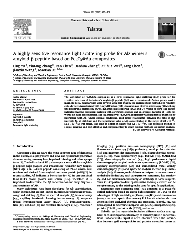 A highly sensitive resonance light scattering probe for Alzheimer's amyloid-β peptide based on Fe3O4@Au composites