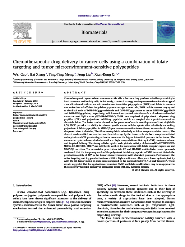 Chemotherapeutic drug delivery to cancer cells using a combination of folate targeting and tumor microenvironment-sensitive polypeptides