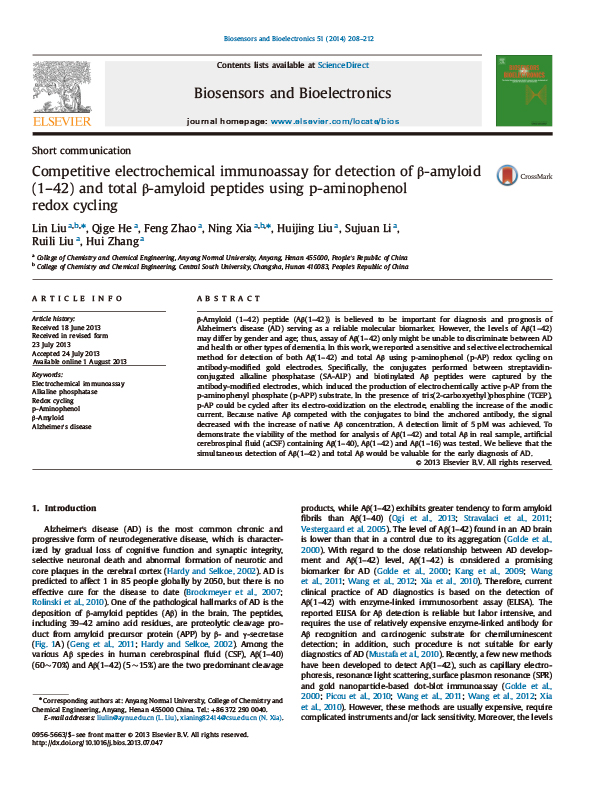 Competitive electrochemical immunoassay for detection of β-amyloid(1–42) and total β-amyloid peptides using p-aminophenol redox cycling