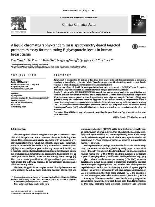 A liquid chromatography–tandem mass spectrometry-based targeted proteomics assay for monitoring P-glycoprotein levels in human breast tissue