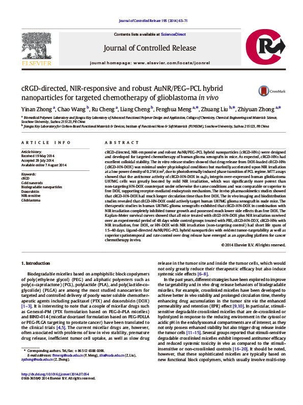 cRGD-directed, NIR-responsive and robust AuNR/PEG–PCL hybrid nanoparticles for targeted chemotherapy of glioblastoma in vivo