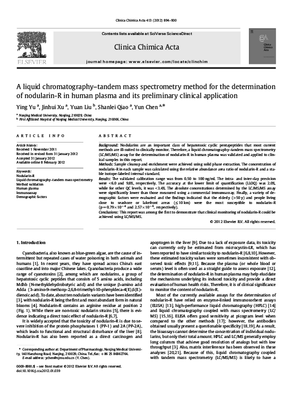 A liquid chromatography–tandem mass spectrometry method for the determination of nodularin-R in human plasma and its preliminary clinical application