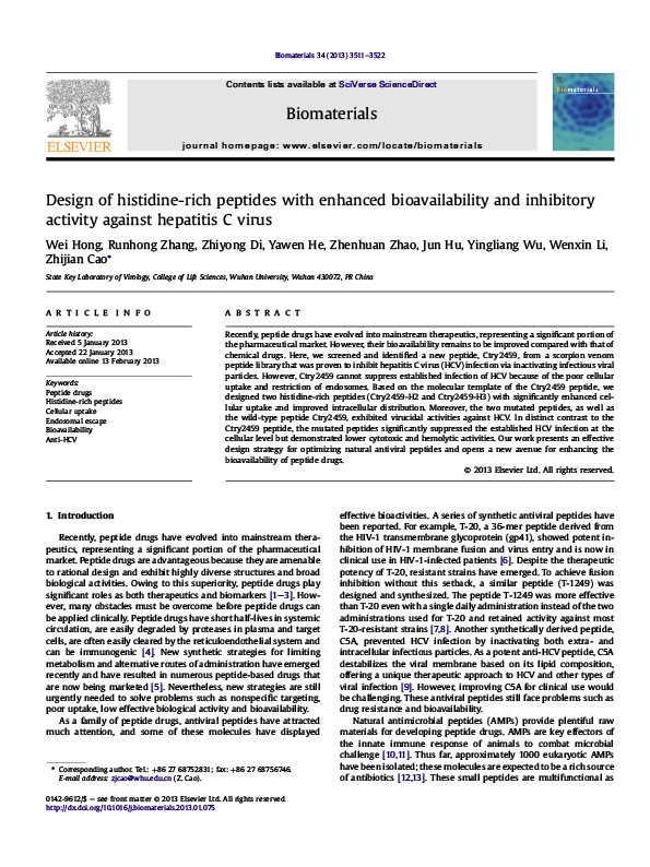 Design of histidine-rich peptides with enhanced bioavailability and inhibitory activity against hepatitis C virus