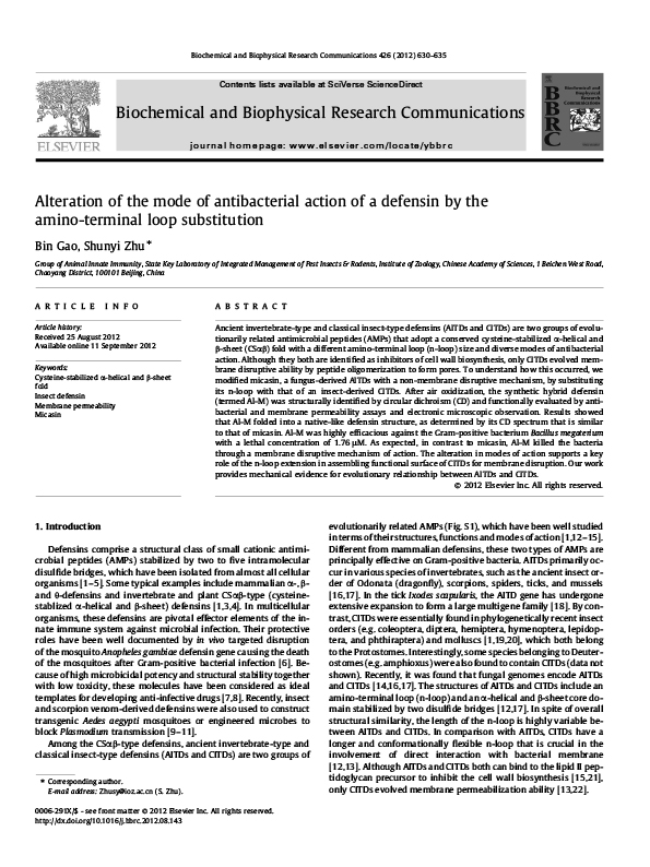 Alteration of the mode of antibacterial action of a defensin by the amino-terminal loop substitution