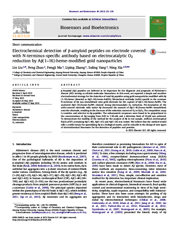 Electrochemical detection of β-amyloid peptides on electrode covered with N-terminus-specific antibody based on electrocatalytic O2 reduction by Aβ(1–16)-heme-modified gold nanoparticles