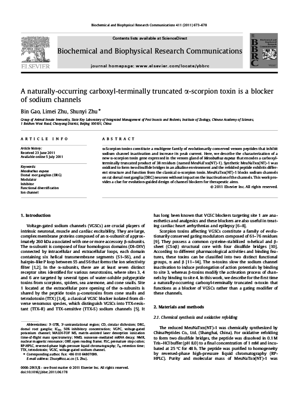 A naturally-occurring carboxyl-terminally truncated a-scorpion toxin is a blocker of sodium channels