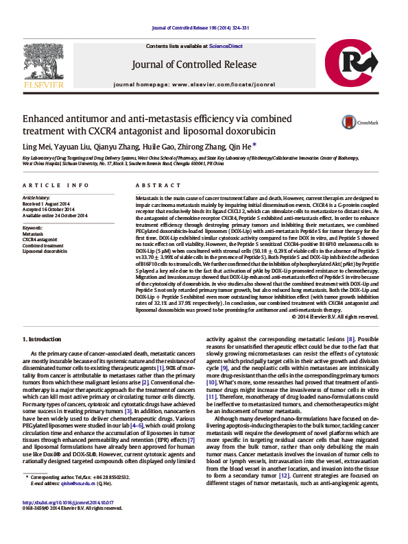 Enhanced antitumor and anti-metastasis efficiency via combined treatment with CXCR4 antagonist and liposomal doxorubicin