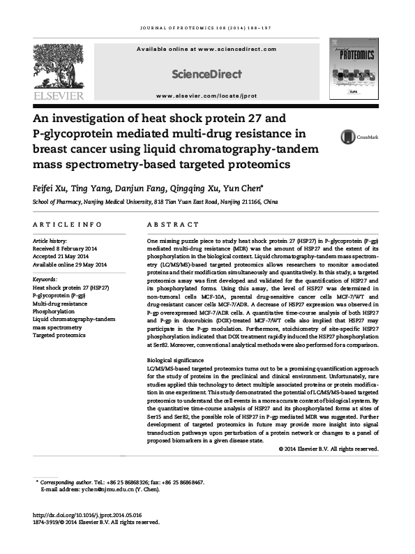 An investigation of heat shock protein 27 and P-glycoprotein mediated multi-drug resistance in breast cancer using liquid chromatography-tandem mass spectrometry-based targeted proteomics