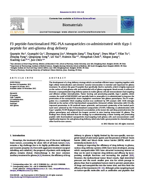 F3 peptide-functionalized PEG-PLA nanoparticles co-administrated with tLyp-1 peptide for anti-glioma drug delivery