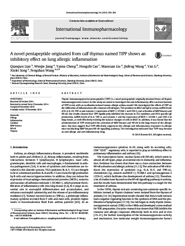 A novel pentapeptide originated from calf thymus named TIPP shows an inhibitory effect on lung allergic inflammationA novel pentapeptide originated from calf thymus named TIPP shows an inhibitory effect on lung allergic inflammation