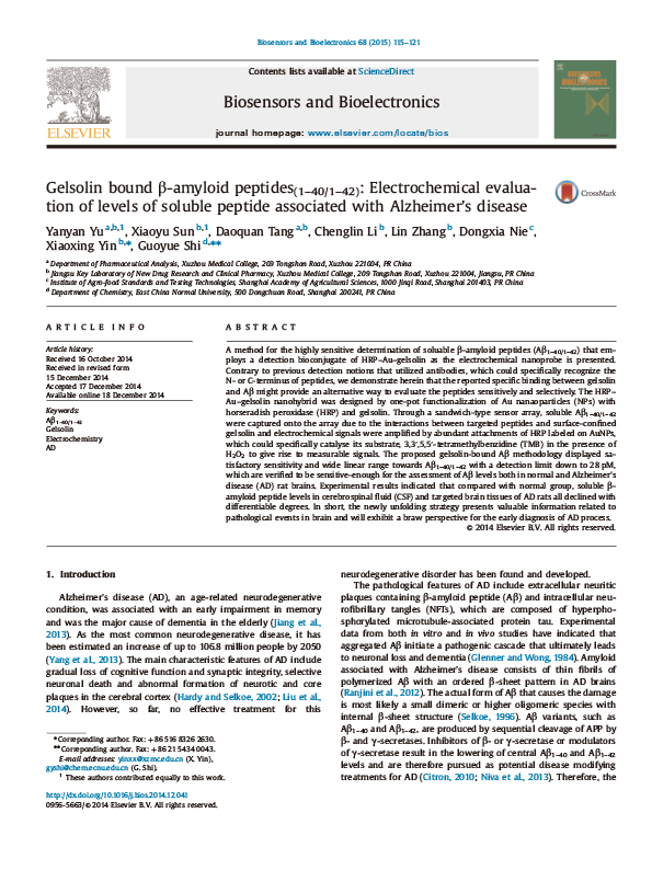 Gelsolin bound β-amyloid peptides(1–40/1–42): Electrochemical evaluation of levels of soluble peptide associated with Alzheimer's disease