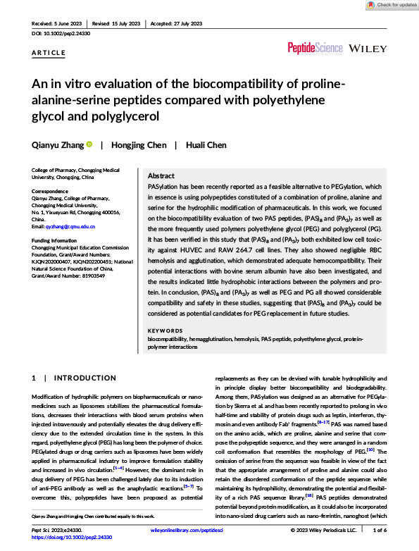 An in vitro evaluation of the biocompatibility of prolinealanine-serine peptides compared with polyethylene glycol and polyglycerol