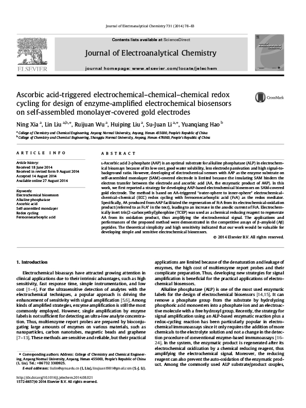 Ascorbic acid-triggered electrochemical–chemical–chemical redox cycling for design of enzyme-amplified electrochemical biosensors on self-assembled monolayer-covered gold electrodesAscorbic acid-triggered electrochemical–chemical–chemical redox cycling for design of enzyme-amplified electrochemical biosensors on self-assembled monolayer-covered gold electrodes