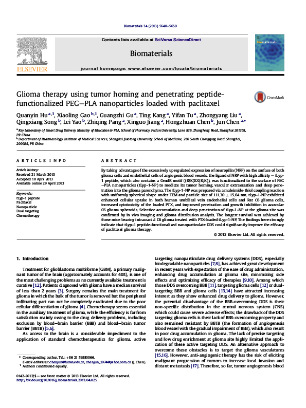 Glioma therapy using tumor homing and penetrating peptide-functionalized PEGePLA nanoparticles loaded with paclitaxel