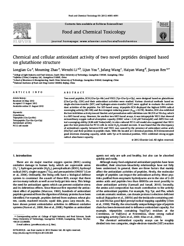 Chemical and cellular antioxidant activity of two novel peptides designed based on glutathione structure