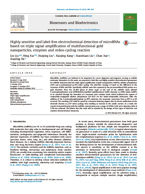 Highly sensitive and label-free electrochemical detection of microRNAs based on triple signal amplification of multifunctional gold nanoparticles, enzymes and redox-cycling reaction