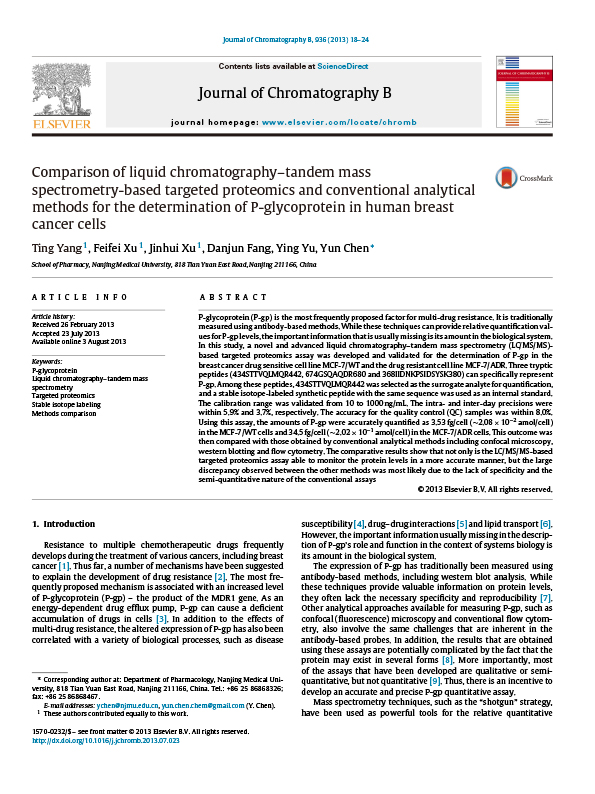 Comparison of liquid chromatography–tandem mass spectrometry-based targeted proteomics and conventional analytical methods for the determination of P-glycoprotein in human breast cancer cells