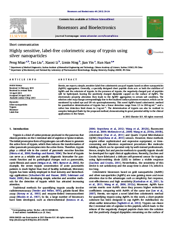 Highly sensitive, label-free colorimetric assay of trypsin using silver nanoparticles