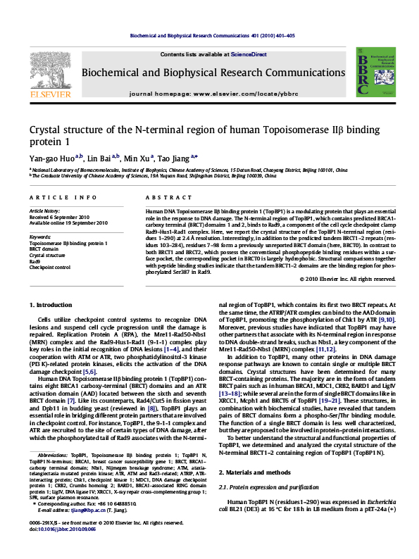 Crystal structure of the N-terminal region of human Topoisomerase IIb binding protein 1