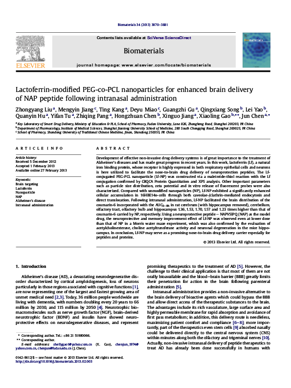 Lactoferrin-modified PEG-co-PCL nanoparticles for enhanced brain delivery of NAP peptide following intranasal administration