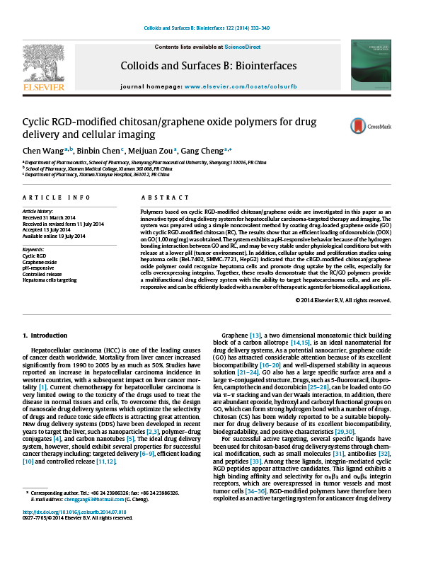 Cyclic RGD-modified chitosan/graphene oxide polymers for drug delivery and cellular imaging