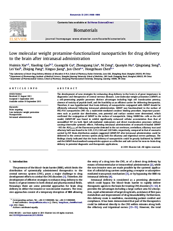 Low molecular weight protamine-functionalized nanoparticles for drug delivery to the brain after intranasal administration