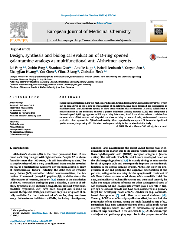 Design, synthesis and biological evaluation of D-ring opened galantamine analogs as multifunctional anti-Alzheimer agents