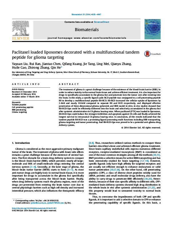 Paclitaxel loaded liposomes decorated with a multifunctional tandem peptide for glioma targeting