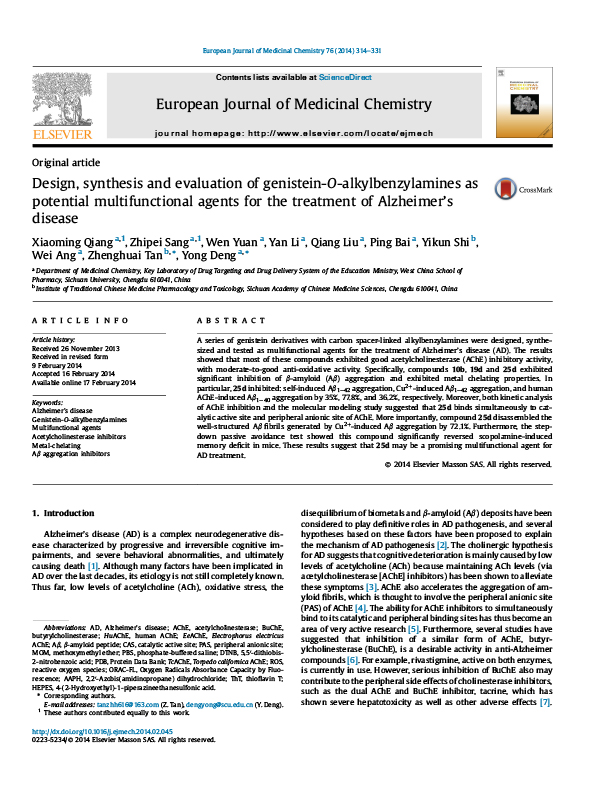Design, synthesis and evaluation of genistein-O-alkylbenzylamines as potential multifunctional agents for the treatment of Alzheimer’s disease