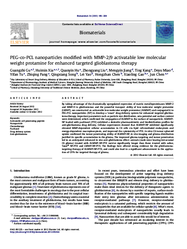 PEG-co-PCL nanoparticles modified with MMP-2/9 activatable low molecular weight protamine for enhanced targeted glioblastoma therapy. 