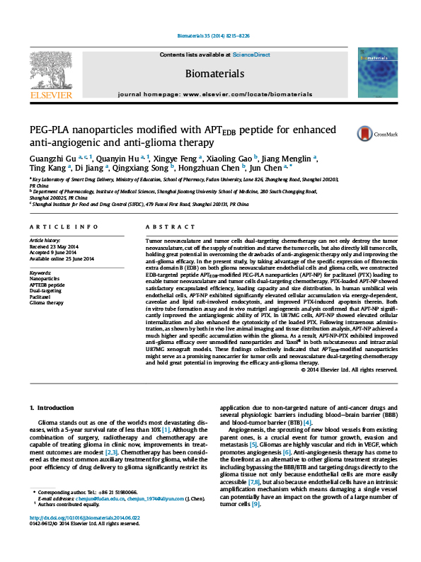 PEG-PLA nanoparticles modified with APTEDB peptide for enhanced anti-angiogenic and anti-glioma therapy