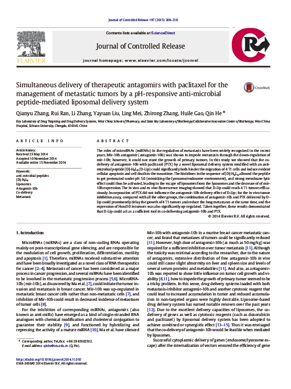 Simultaneous delivery of therapeutic antagomirs with paclitaxel for the management of metastatic tumors by a pH-responsive anti-microbial peptide-mediated liposomal delivery system