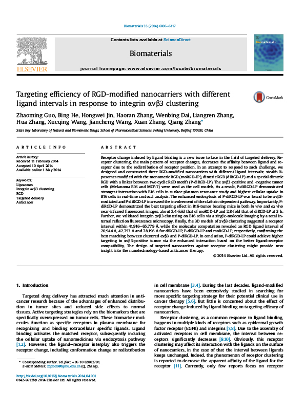 Targeting efficiency of RGD-modified nanocarriers with different ligand intervals in response to integrin avb3 clustering