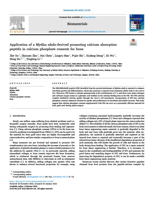 Application of a Mytilus edulis-derived promoting calcium absorption peptide in calcium phosphate cements for bone