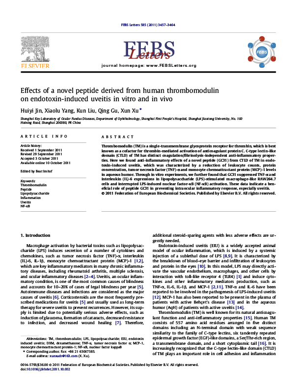 Effects of a novel peptide derived from human thrombomodulin on endotoxin-induced uveitis in vitro and in vivo