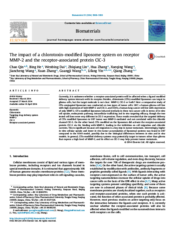 The impact of a chlorotoxin-modified liposome system on receptor MMP-2 and the receptor-associated protein ClC-3