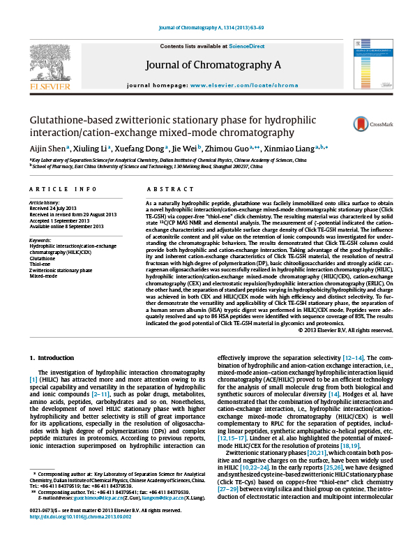 Glutathione-based zwitterionic stationary phase for hydrophilic interaction/cation-exchange mixed-mode chromatography